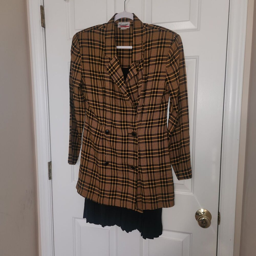 Vintage Womens Scarlett Two Piece Suit Black Dress Plaid Yellow Blazer Size 9/10